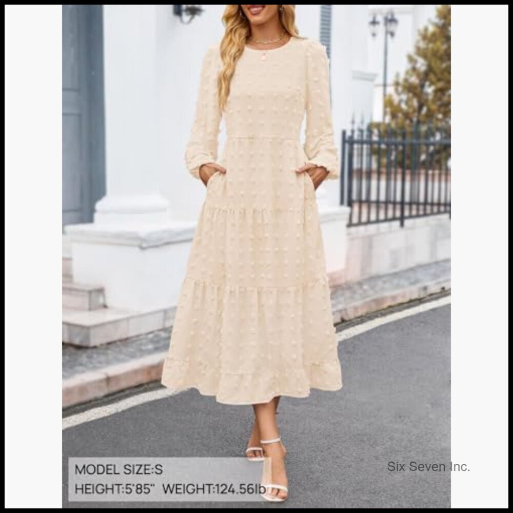 Long Sleeve Maxi Dress Swiss Dot Tiered Flowy A Line Wedding Cocktail Party - Picture 3 of 7